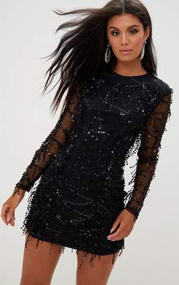 PrettyLittleThing Black Sequin Detail Long Sleeve Mini Dress