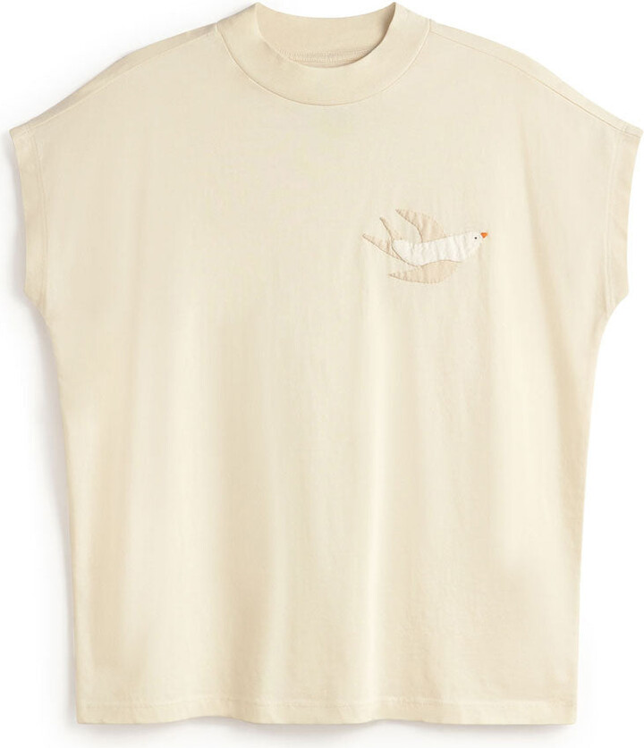 Thinking Mu White Hand Embroidered Bird Volta T-Shirt