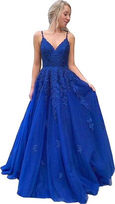 Fuomomo Women Spaghetti Straps Prom Dresses with Lace Applique A-line V-Neck Long Evening Party Gown Royal Blue
