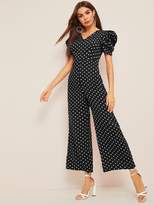 Thumbnail for your product : Shein Polka Dot V-neck Puff Sleeve Palazzo Jumpsuit