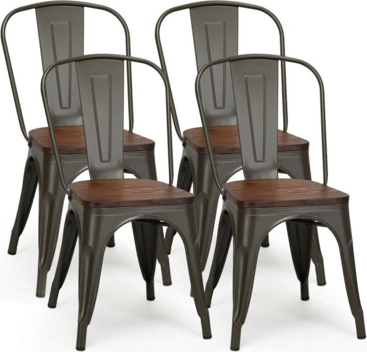 Sugift 18 Inch Set of 4 Stackable Metal Dining Chair with Wood Seat