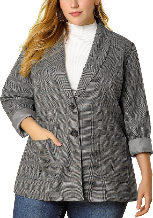 Unique Bargains Women’s Plus Size Plaid Blazers Casual Notched Lapel Blazer