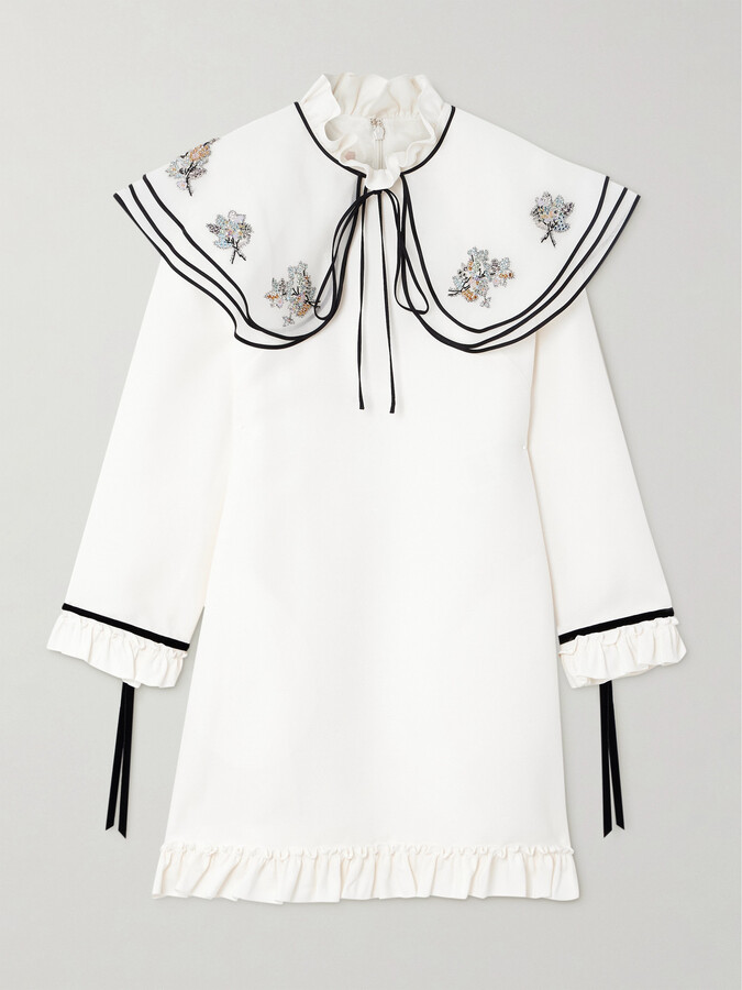 Valentino Garavani Embellished Cape-effect Ruffled Wool And Silk-blend Crepe Mini Dress - White