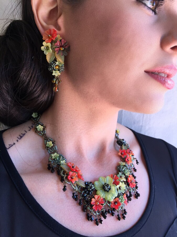 Etsy Sunset Orange Statement Necklace. Handbeaded Vintage Inspired Floral Necklace By Colleen Toland