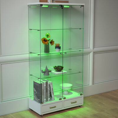 Latitude Run Modern Glass Display Cabinet With 2 Large Drawers