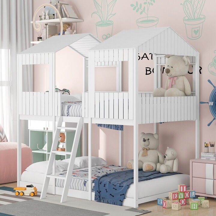 EDWINRAY Full Over Full House Bunk Bed with Roof, Wood House Bunk Bed