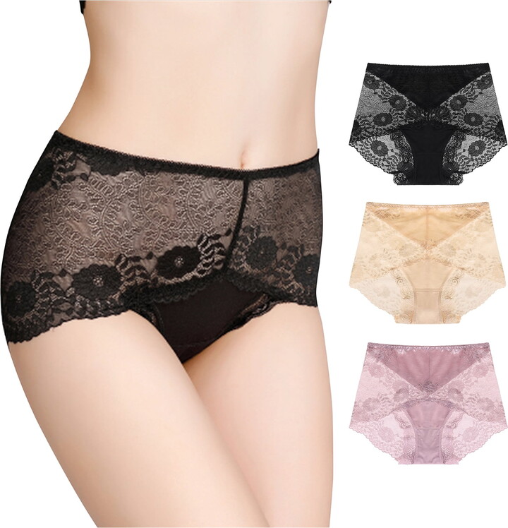 Unique Bargains Women’s Plus Underwear Floral Lace Mid-Waist Panty Briefs 3-Pack S Black, Beige, Purple
