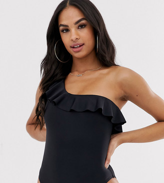 South Beach Exclusive Eco one shoulder frill swimsuit in black