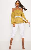 Thumbnail for your product : PrettyLittleThing Mustard Check Shirred Detail Long Sleeve Bardot Top