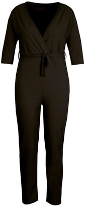boohoo Plus Wrap Belted Tailored Jumpsuit