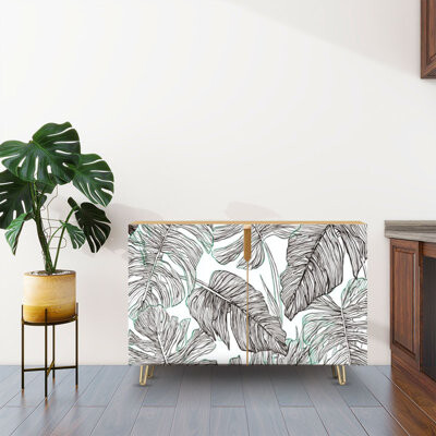 Sideboard Buffet Cabinet with Storage Black white drawing tropical leaves Banana plants monstera palm with 2 Doors for Living Room and Kitchen
