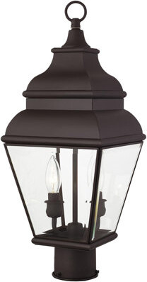 Lighting Lumens 8in 2-Light Bronze Outdoor Post Lantern Pendant with Clear Beveled Glass Shade