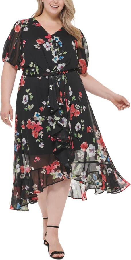 Sumen Women Casual Rose Print Chiffon O-Neck Ruffles Plus Size Dress XL-5XL 