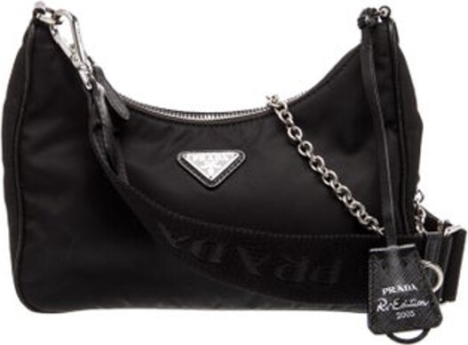 Prada Shoulder Bag Nero Tessuto Saffiano Leather & Tessuto Nylon Silver-Tone Hardware Saffiano Leather Trim Chain-Link Handle & Single Adjustable Shoulder Strap Leather & Chain-Link Accents Logo Jacquard Lining Zip Closure at Top