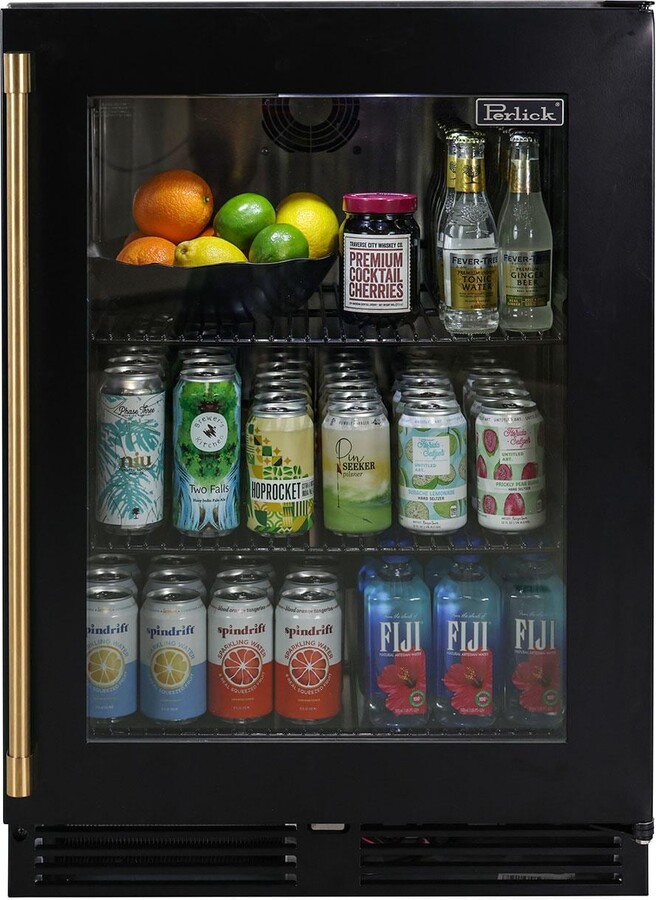 Perlick 24 Inch 5.2 Cu. Ft. Signature Series Stainless Steel Glass Door Outdoor Refrigerator w/ Factory Installed Matte Black Glass Door