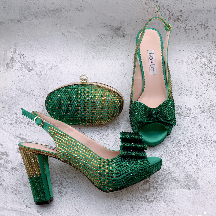 EVA LUO BS1634 Customize Different Heel Women Shoes Dress Pumps Bridal Wedding Shoes Green Gold Crystal Shoes With Matching Bag