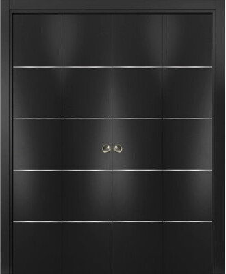 SARTODOORS Sliding Closet Double Bi-Fold Doors | Planum 0020 Matte Black | Sturdy Tracks Moldings Trims Hardware Set | Wood Solid Bedroom Wardrobe Doors