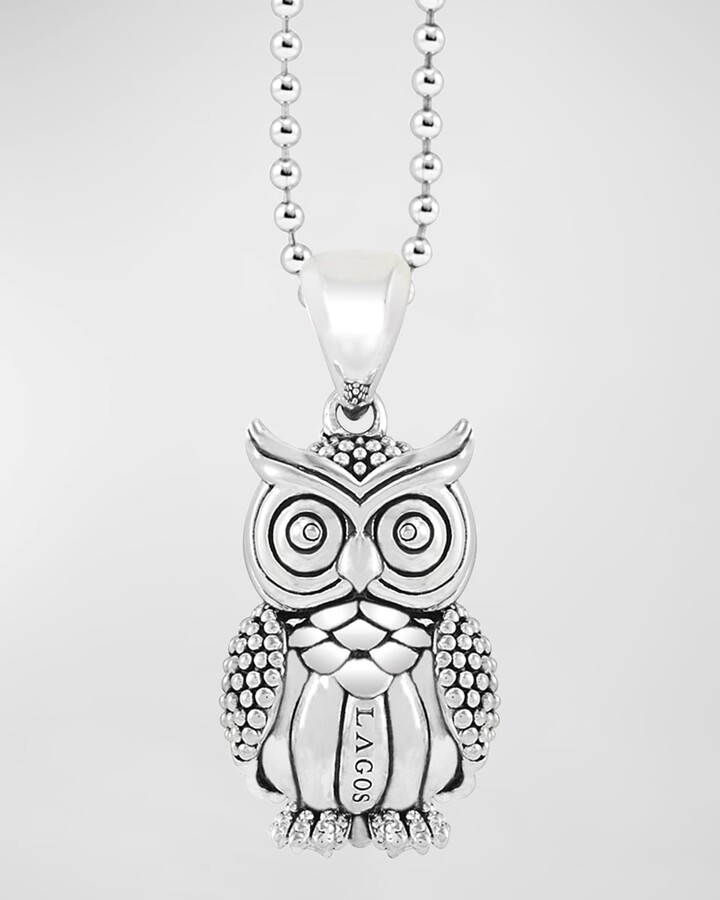 LA BLINGZ 14K White Gold Owl Filigree DC Charm Necklace