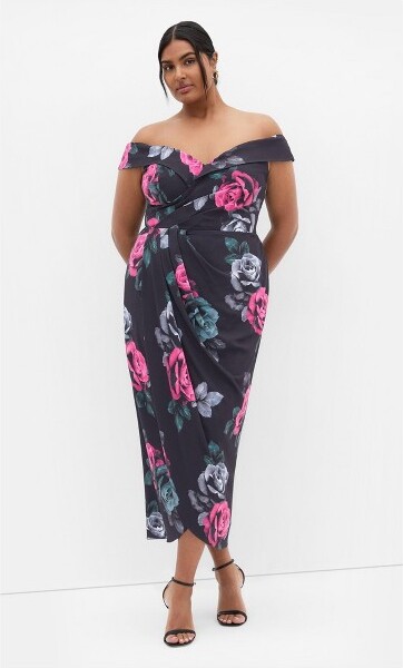 City Chic CITYCHIC|Women'sPlusSizeClairePrintOffShoulderDress-black-12Plus