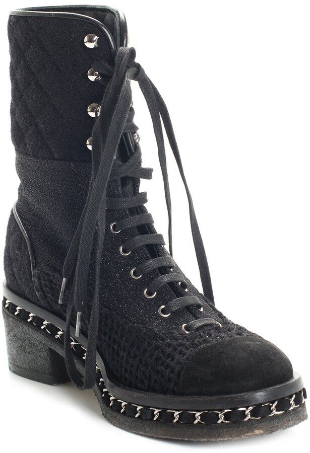 Chanel Vintage Black Leather CC Combat Boots Sz 36