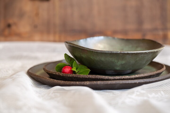 Rustic Ceramic Green Dinnerware, Ceramic Plates Set, Pottery Dinnerware Set Of Three, Holiday Gift