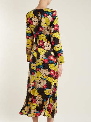 Etro Agogo V Neck Floral Print Silk Midi Dress - Womens - Black Print