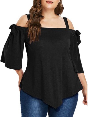 ADESHOP 2019 Women Sweatshirt Loose T Shirt Fashion Women Casual Plus Size Asymmetric Cold Shoulder Top T-Shirt Bow Blouse(4XL