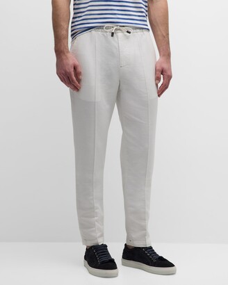 Mens White Cotton Pleated Trousers