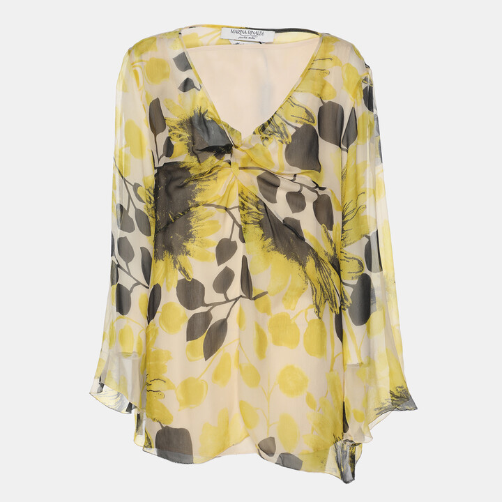 Marina Rinaldi Yello/Black Sunflower Print Chiffon Blouse L