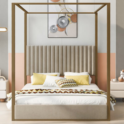 Mercer41 Queen Size Upholstered Canopy Platform Bed with Headboard, Sturdy Metal Frame, Beige Modern Bedroom Furniture
