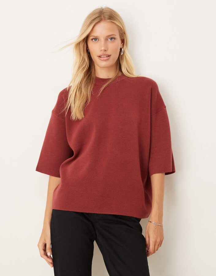 ASOS DESIGN knitted structured oversized t-shirt in burgundy