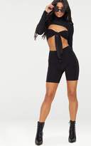 Thumbnail for your product : PrettyLittleThing Black Slinky Roll Neck Tie Front Crop Top