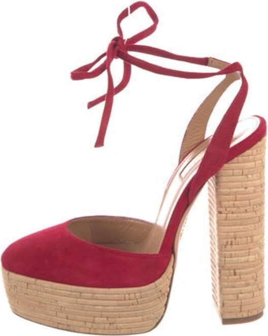Aquazzura Suede D'Orsay Pumps Burgundy Round-Toes Platform Wrap-Around Straps & Tie Closures