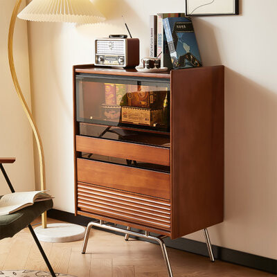 Isla Hopping 25.59"Simple Retro Brown Solid Wood Chest of Drawers With Glass Door
