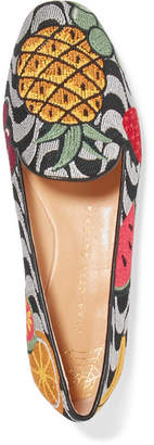 Charlotte Olympia Fruit Salad Embroidered Canvas Slippers - Gray