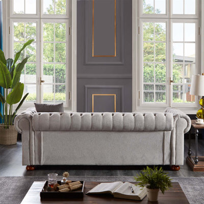 Rosdorf Park Chesterfield Sofa in Linen Fabric with Sturdy Frame High-Density Cushions and Elegant Nailhead Trim for Durable Comfort