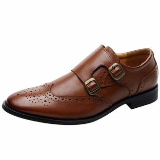 rismart Mens Double Monk Strap Brogue Buckle Dress Slip-On Loafers Shoes