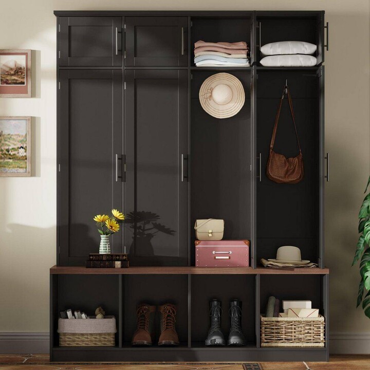 Qualler Farmhouse Black Hall Tree with Seating Bench, Shoe Cabinet and Hanging Rack
