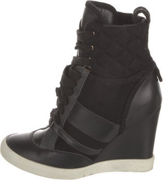 Chloé Leather High Top Wedge Sneakers Black Quilted Pattern Round-Toes Lace-Up Closure at Uppers Designer