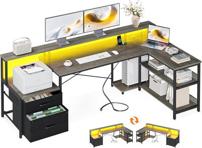 Inbox Zero L-Shaped Office Desk with Storage Drawer and Shelf Reversible L-Shaped Computer Gaming Desk with Power Outlet & LED