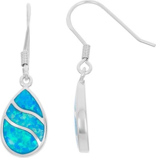 OpalataSterlingSilverBlueInlayOpalWavyDesignTeardropEarrings-Blue
