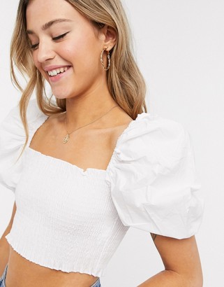 Qed London milkmaid shirred crop top in white