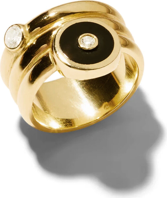 Retrouvaí Triple Coil Mini Black Onyx and Diamond Compass Yellow Gold Ring