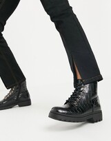 Thumbnail for your product : New Look chunky lace up flat ankle boot in black croc