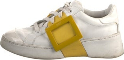 Roger Vivier Leather Low Top Sneakers White Rubber Trim Round-Toes Lace-Up Closure at Uppers Designer