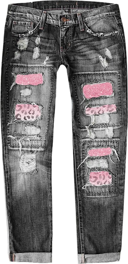 Generic Womens Black Pants High Rise Ripped Jeans for Women Distressed  Plaid Patch Stretch Skinny Pants Slim Fit Destroyed Boyfriend Denim Pants  with Pockets(C- Pink - ShopStyle
