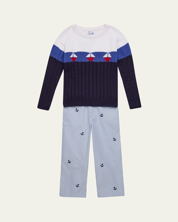 Florence Eiseman Boy's Sailboat Sweater & Striped Anchor Pants 2-Piece Set, Size 2-6