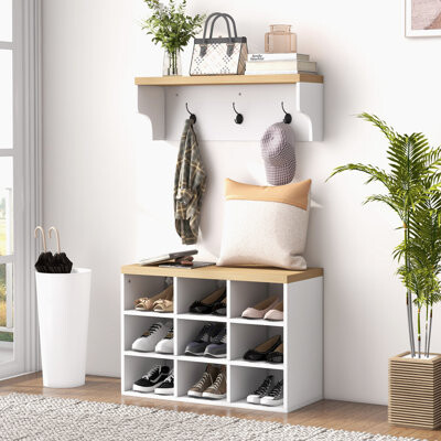 2-in-1 Coat Rack Shoe Bench Set, 9 Pair Shoe Storage Cabinet Rack with Hall Tree, Modern Entryway, Hallway, Mudroom, Bedroom Organizer