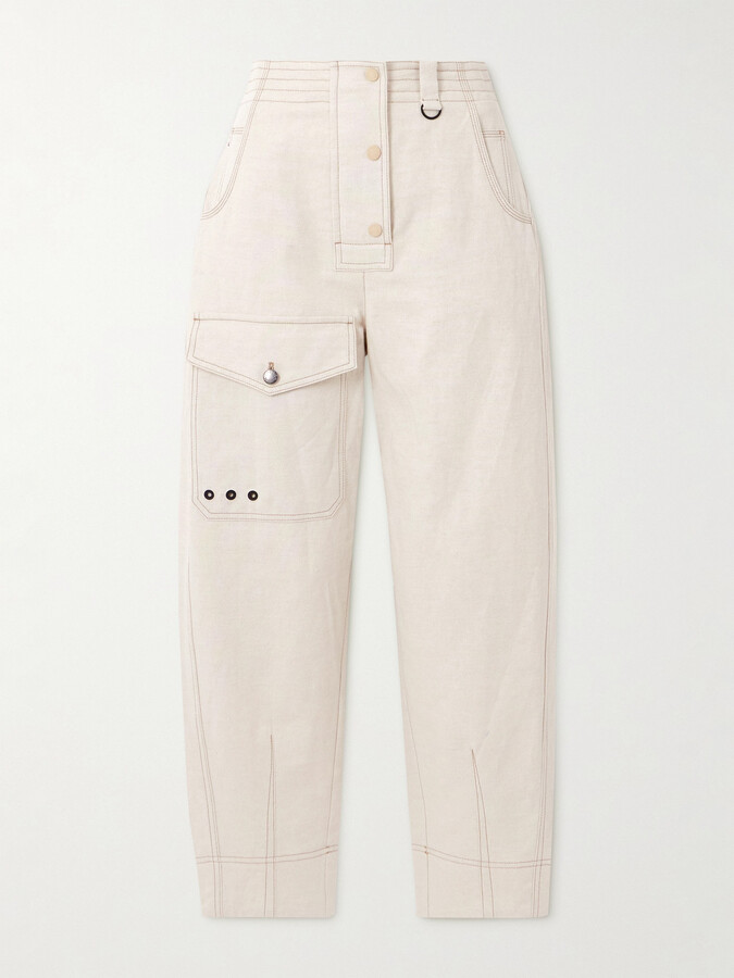Moncler Grenoble - Eyelet-embellished Cotton And Linen-blend Canvas Tapered Cargo Pants - Neutrals