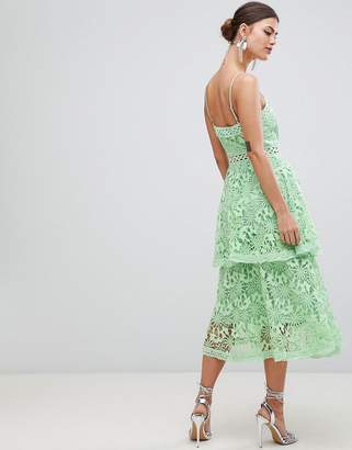 True Decadence Square Neck Cami Strap Midi Lace Dress With Ruffle Layered Skirt